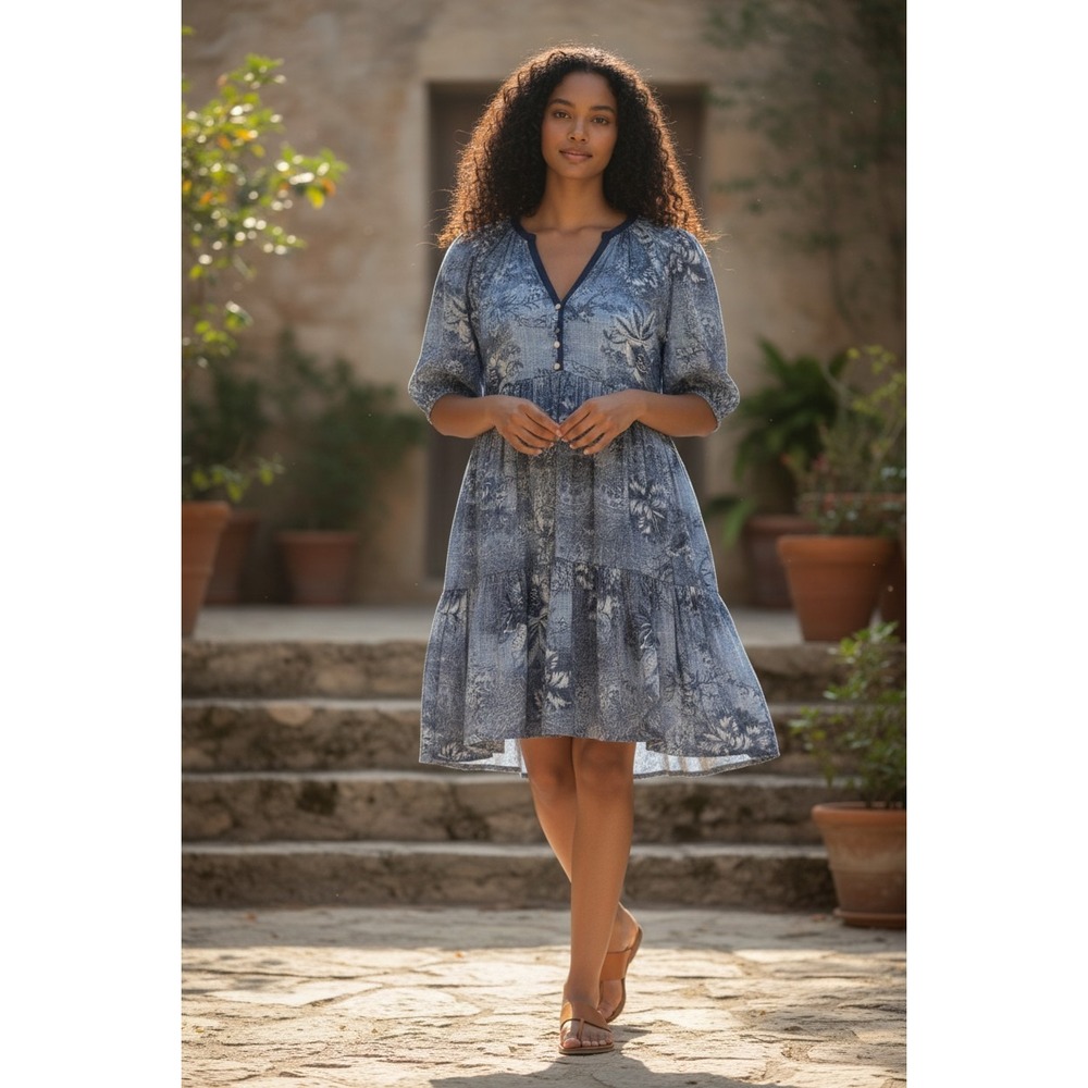 Love Kyla Blue White Toile Cotton Tiered Puff Sleeve Mini Dress Large